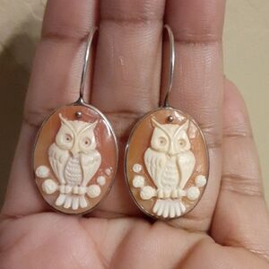 925 Italian Hand Carved Owl Cameo Earrings.